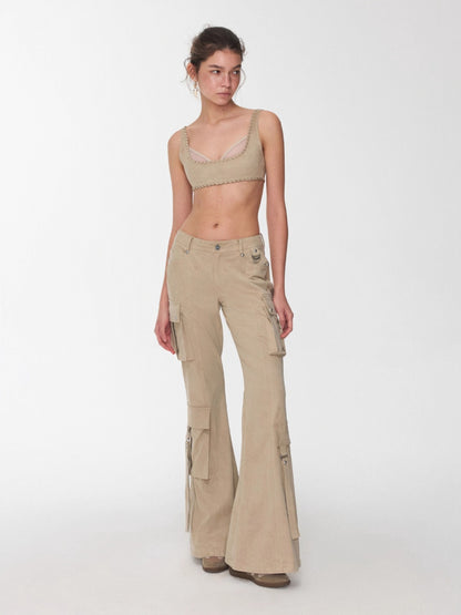 Suede Studded Cargo Flare Pants