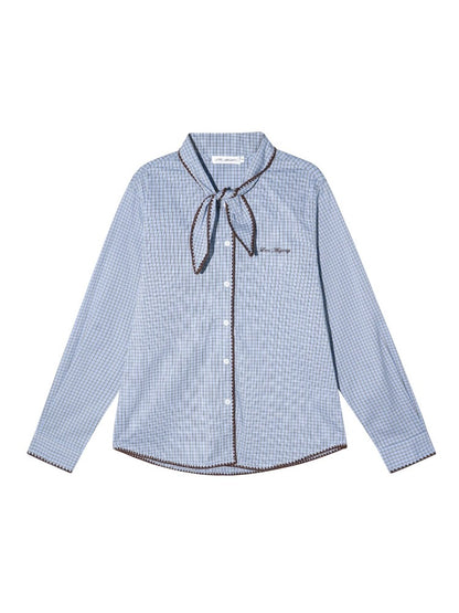 Vintage Contrast Plaid Embroidered Tie-Neck Shirt