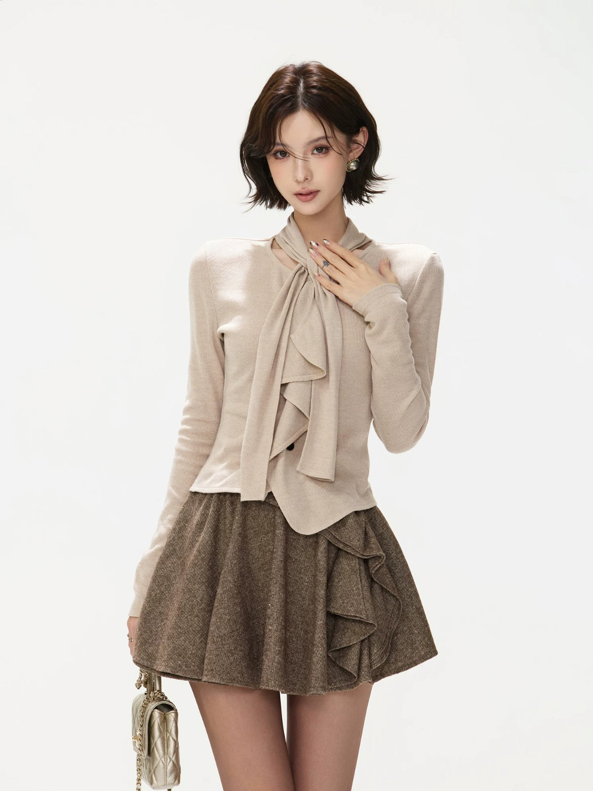 Asymmetric Ruffle Scarf Knit Top