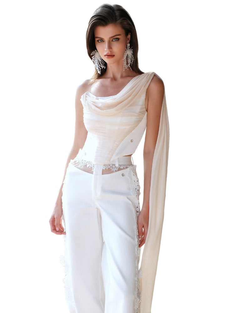 Off-Shoulder Floating Strap Cowl Neck Boned Crop Top