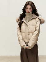 Faux Layered Fur-Trim Hooded Down Jacket