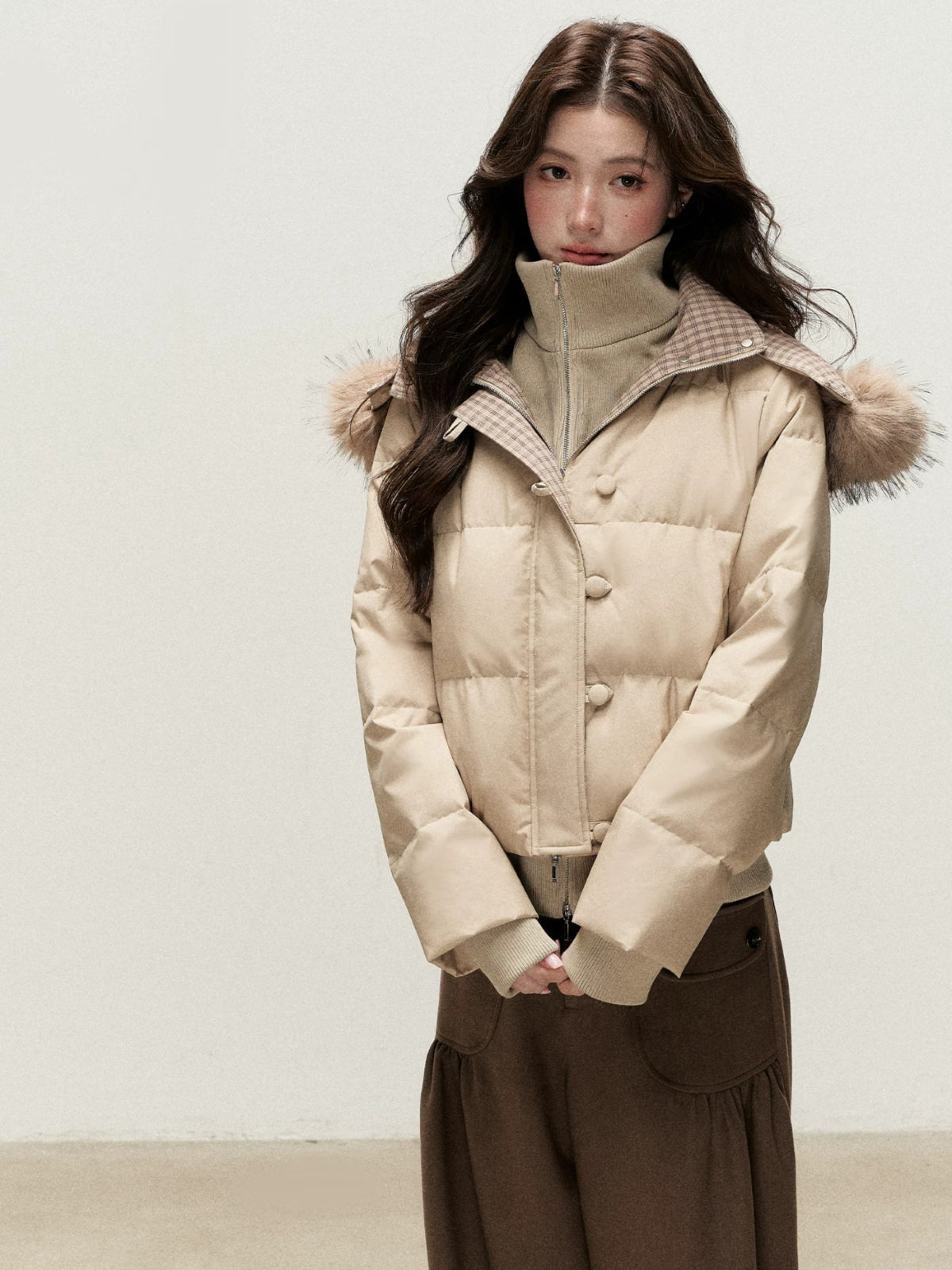 Faux Layered Fur-Trim Hooded Down Jacket