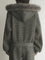 Striped Faux Fur Hooded Zip Cardigan