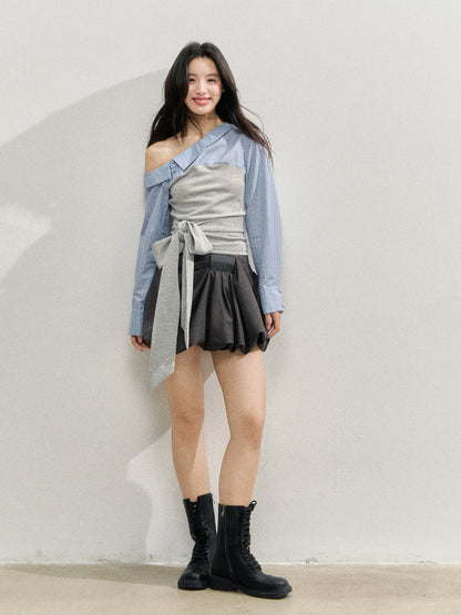 Asymmetric Shoulder Fake Two-Piece Striped Patchwork Shirt