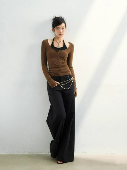 Wave Embroidered Wide-Leg Pants