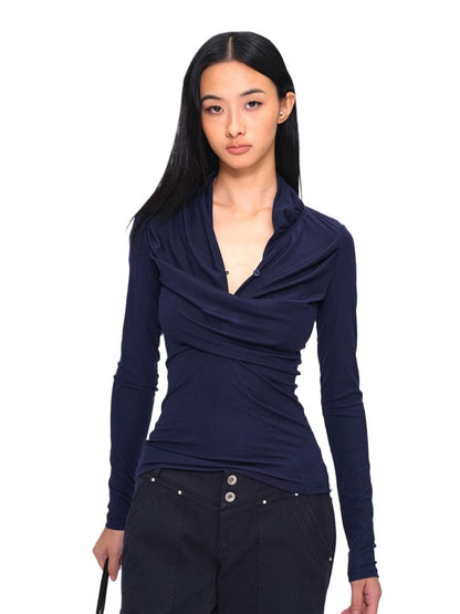 Deep-Blue V-Neck Structured Knit Top