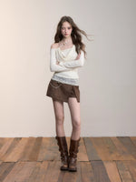 Brown Side-Slit Faux Suede Skort