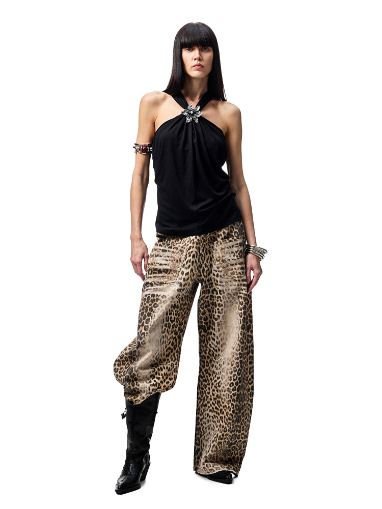 Washed Leopard Print Canvas Curved Pants