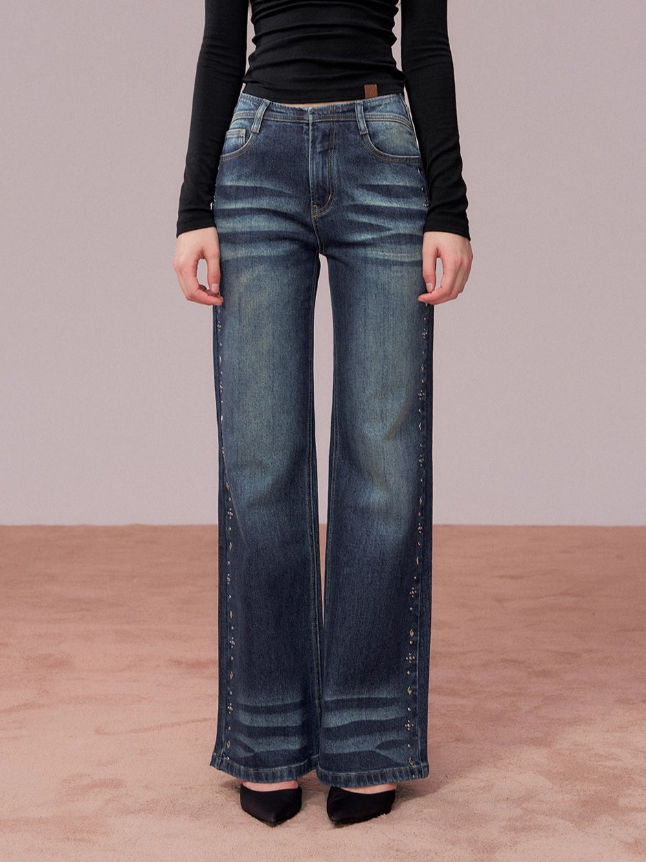 Studded Wash Straight-Leg Jeans