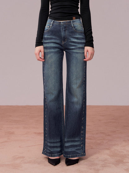 Studded Wash Straight-Leg Jeans