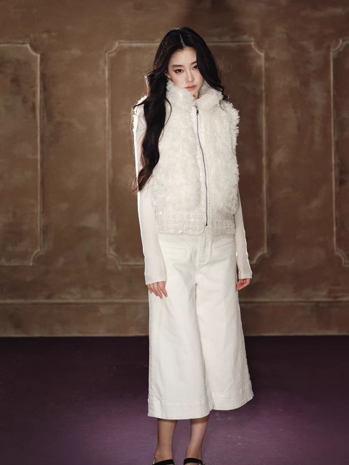 White Beaded Faux Fur Vest