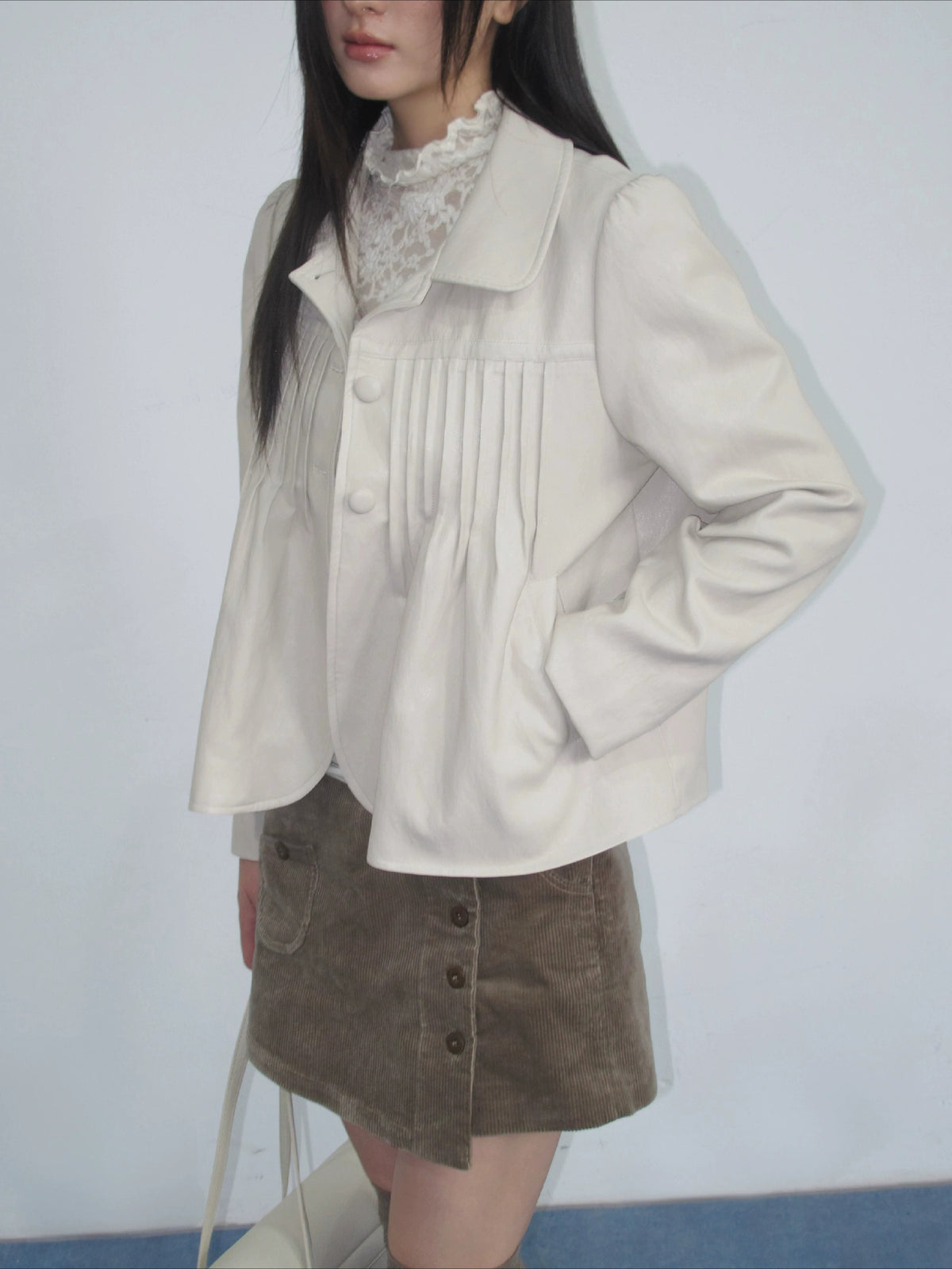 Pleated Curved-Hem Leather Jacket