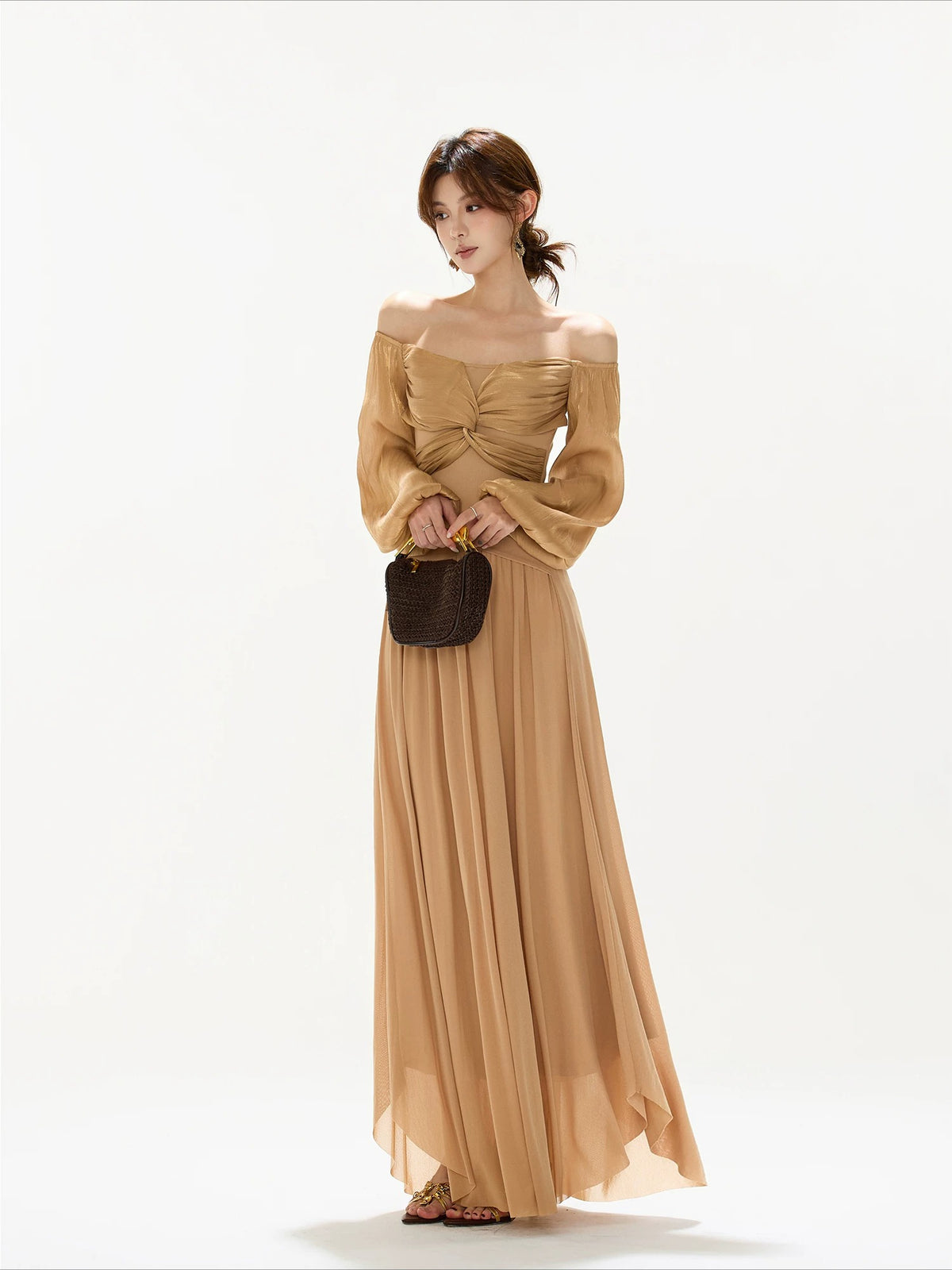 Brown Off Shoulder Butterfly Knot Maxi Dress