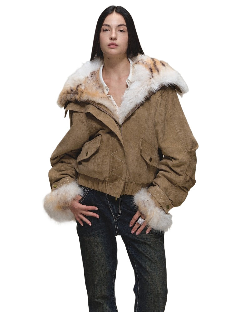 Faux-Suede Fur-Collar Quilted Parka