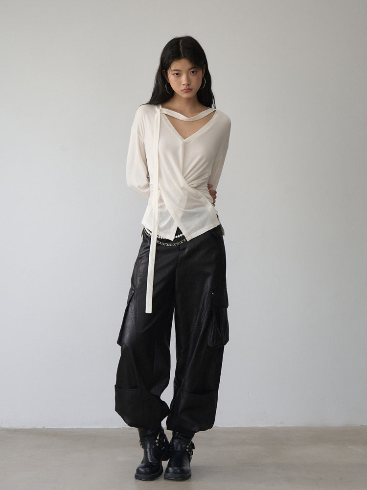 V-Neck Drawstring Waist Buttoned Blouse
