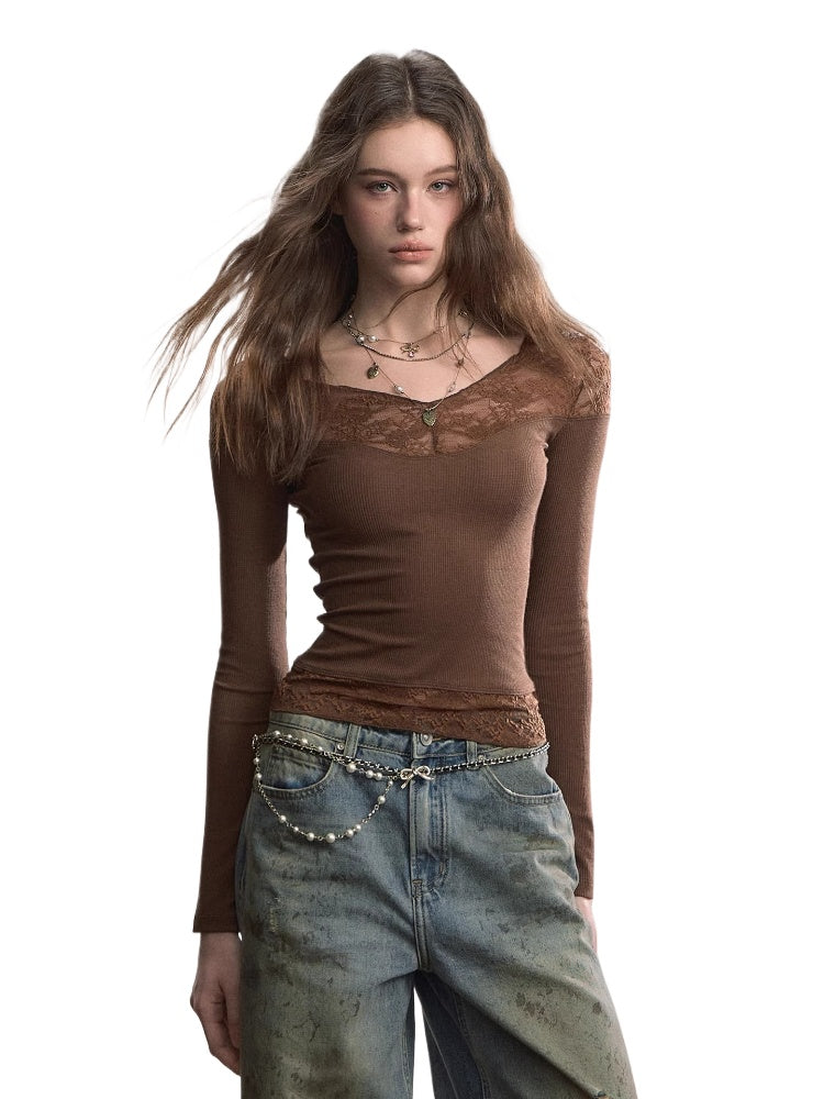 Lace-Trim V-Neck Long-Sleeve Knit Top