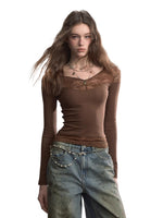 Lace-Trim V-Neck Long-Sleeve Knit Top