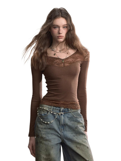 Lace-Trim V-Neck Long-Sleeve Knit Top