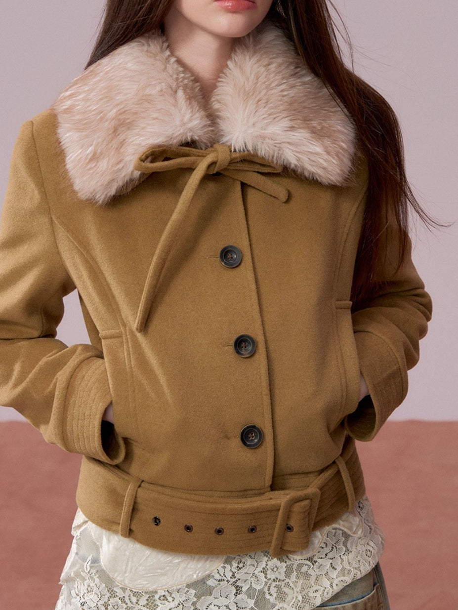 Faux Fur Collar Removable Belted Jacket