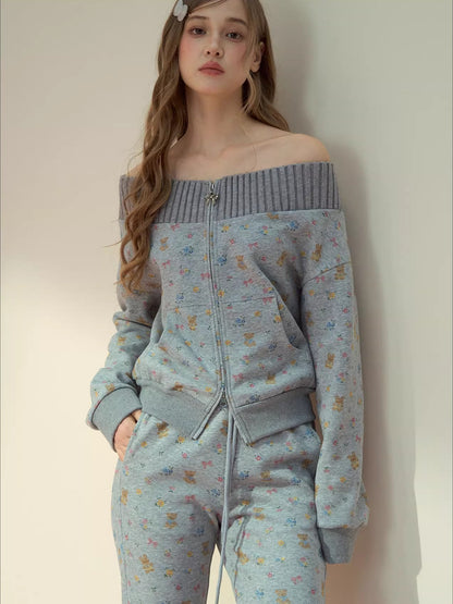 Floral Bear Bunny Off-Shoulder Sweatshirt &amp; Pants Set
