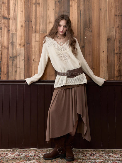 Apricot Lace Trim Knit V-Neck Sweater