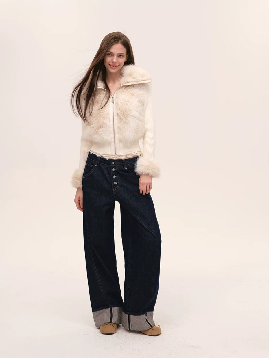 Faux Fur Patchwork Fitted Knit Jacket