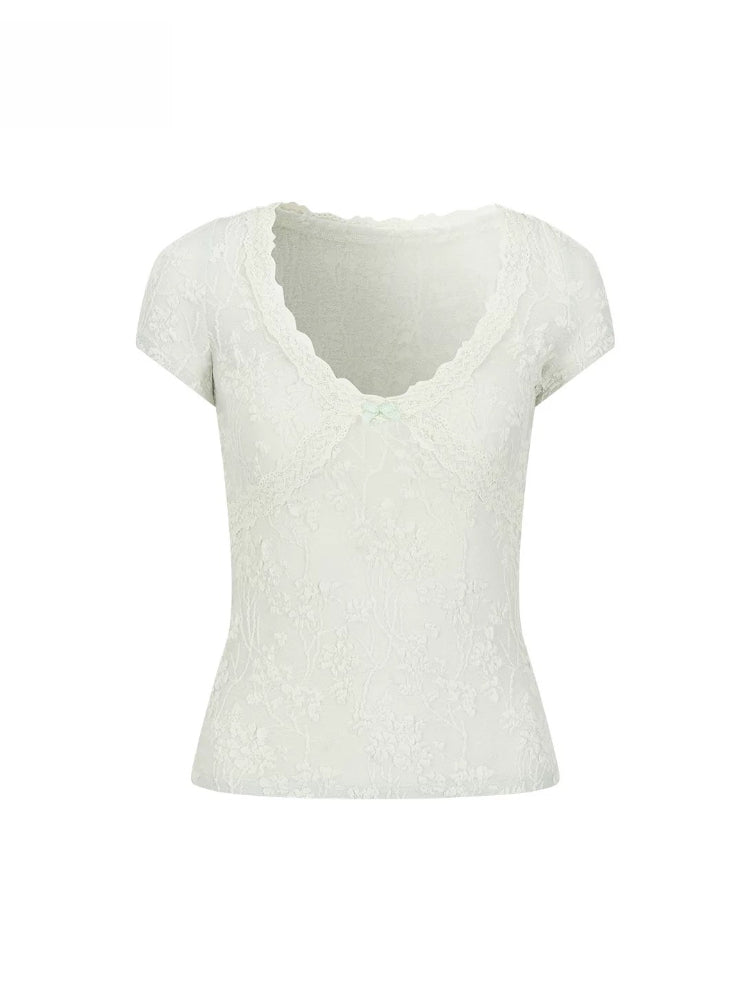 Pink &amp; Green Lace Knit V‑Neck Tee