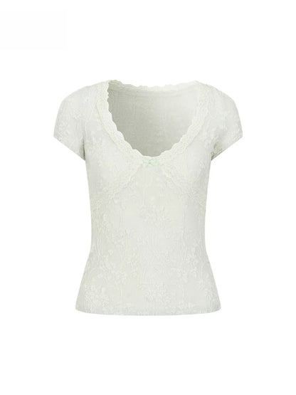 Pink &amp; Green Lace Knit V‑Neck Tee