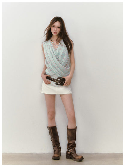 Small Floral Cowl Neck Sleeveless Tank Top