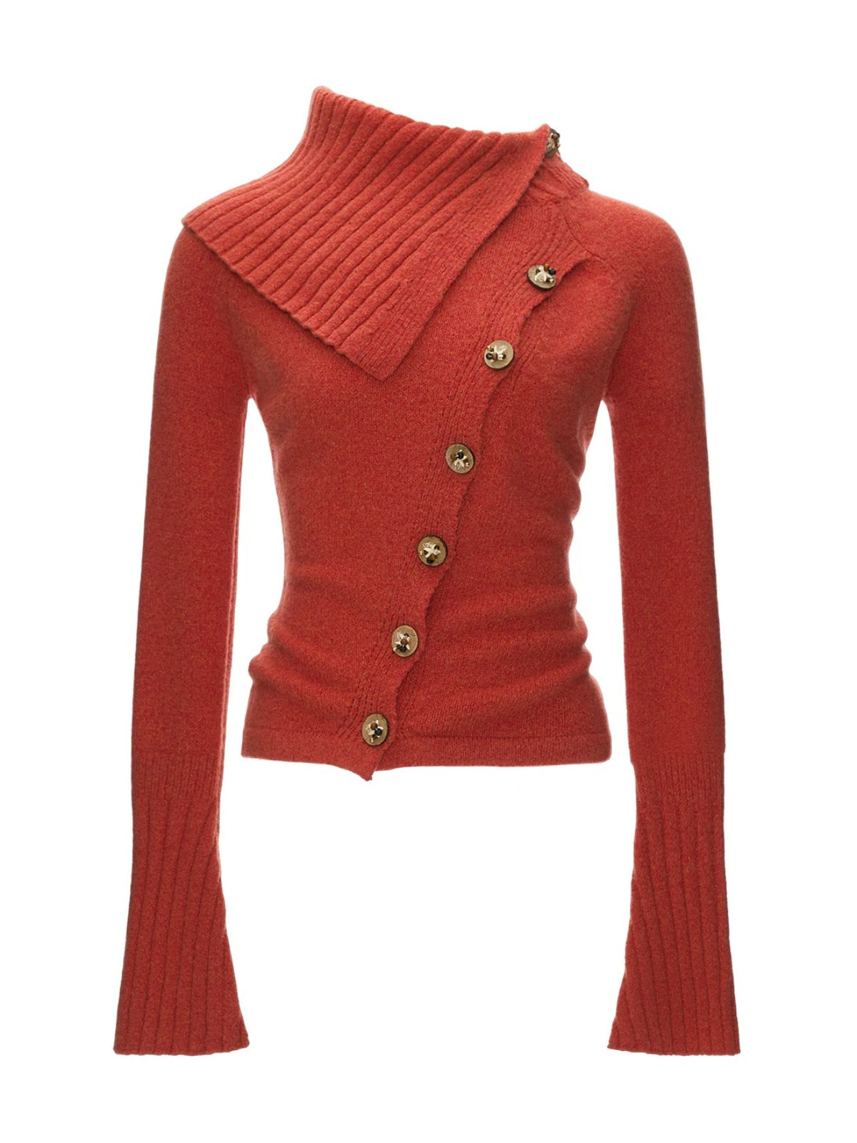 Asymmetrical High Neck Fitted Knit Cardigan