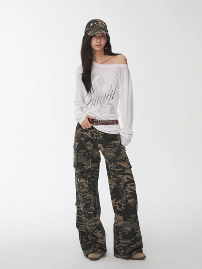 Rhinestone Embellished Asymmetric Drape T-shirt