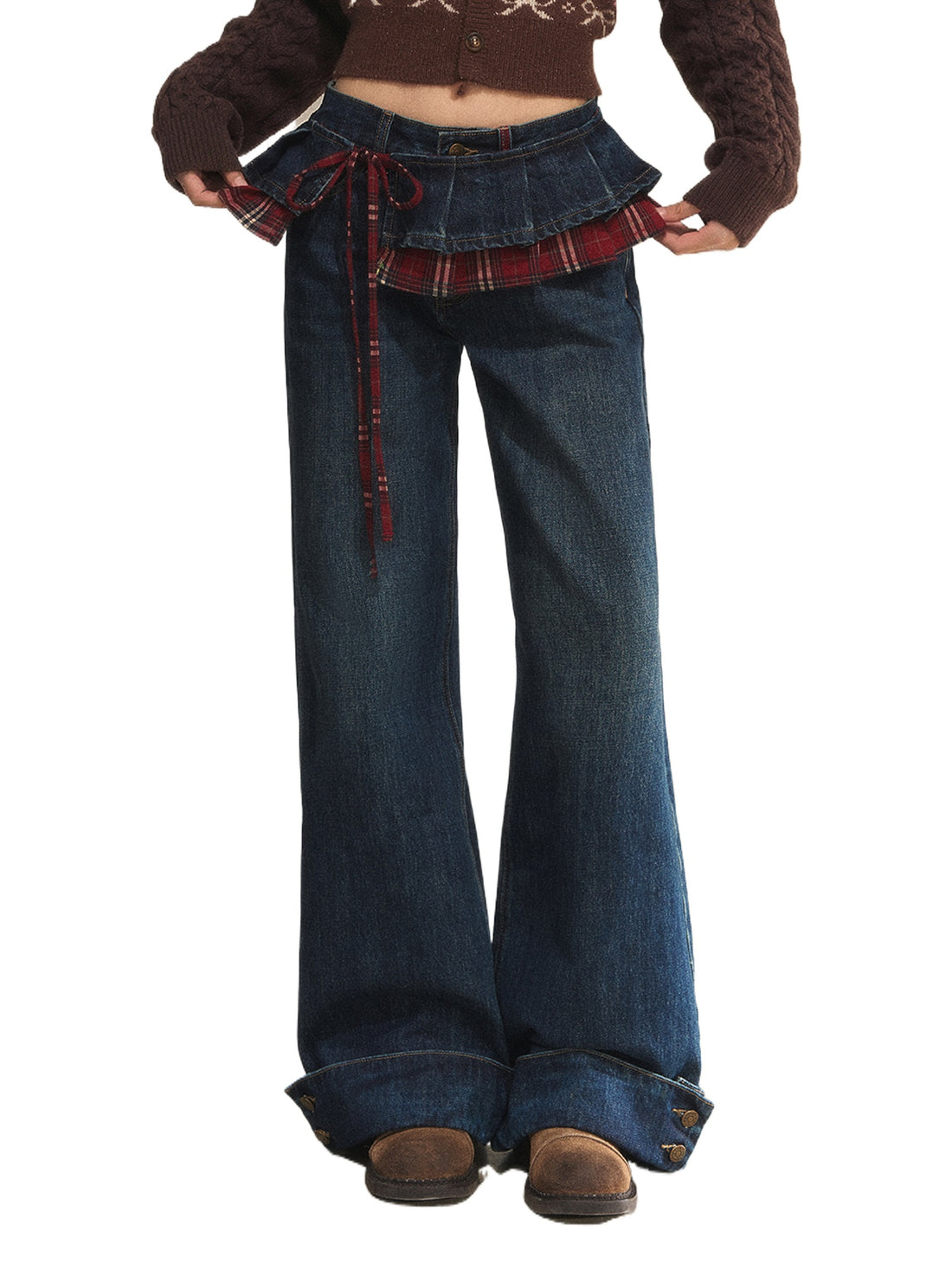 Vintage Patchwork Plaid Wide-Leg Jeans