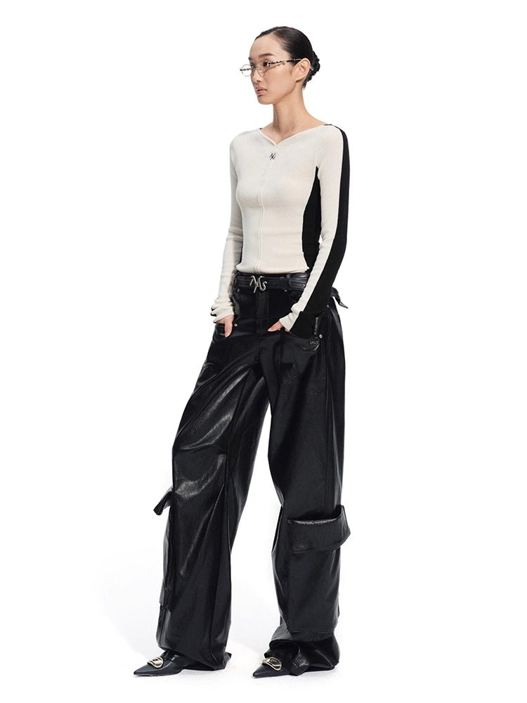 Punk-Style Eco Textured Faux Leather Wide-Leg Pants