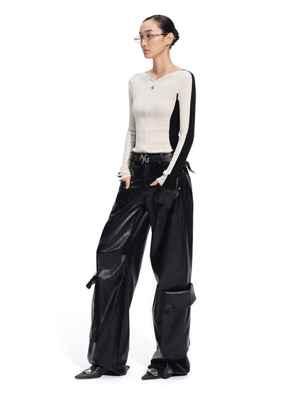 Punk-Style Eco Textured Faux Leather Wide-Leg Pants