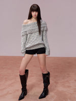 Fringed Off-shoulder Wool Sweater & Scarf Set