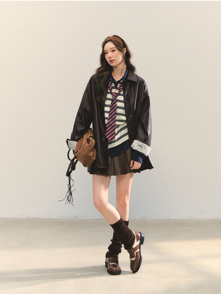 Black H-shaped Cuff Checkered Spliced Leather Jacket