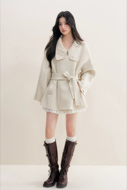 White Stand Collar Wool Coat