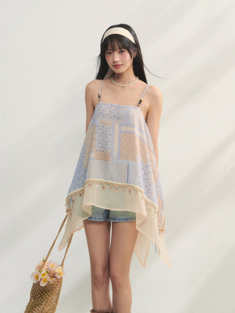 Irregular Beaded Strappy Printed Slip Dress