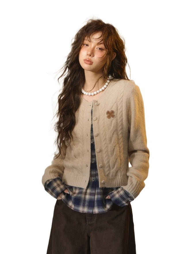 Plaid Layered Cable Cardigan