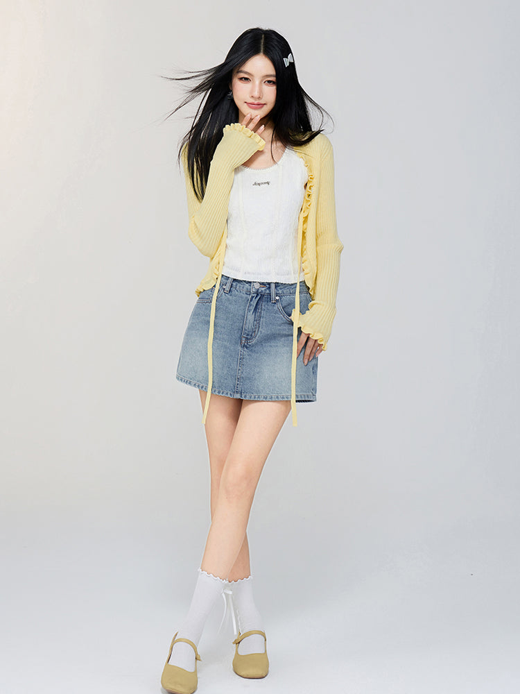 V - neck Ruffled Tie - front Knit Cardigan