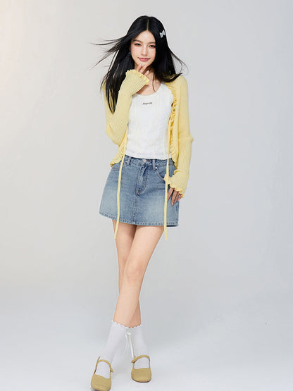 V - neck Ruffled Tie - front Knit Cardigan