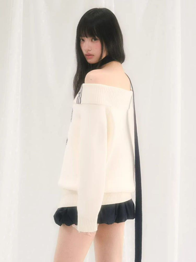Letter Print Off-Shoulder Knit Sweater