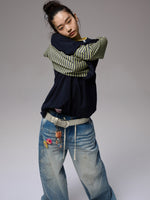Fake Two-Piece Contrast Color Loose Striped T-Shirt