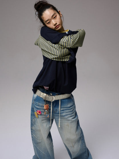 Fake Two-Piece Contrast Color Loose Striped T-Shirt