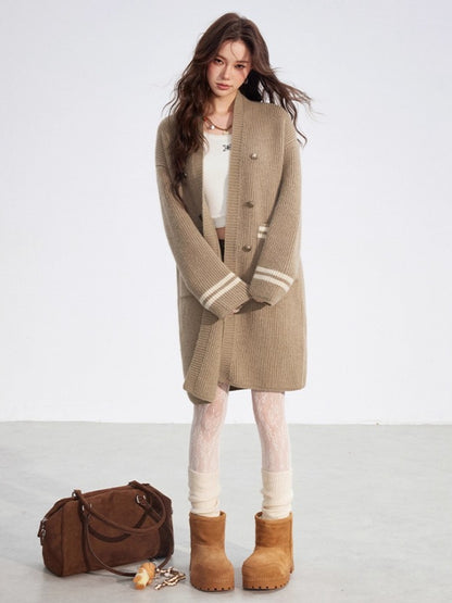 Detachable Collar Long Knit Coat
