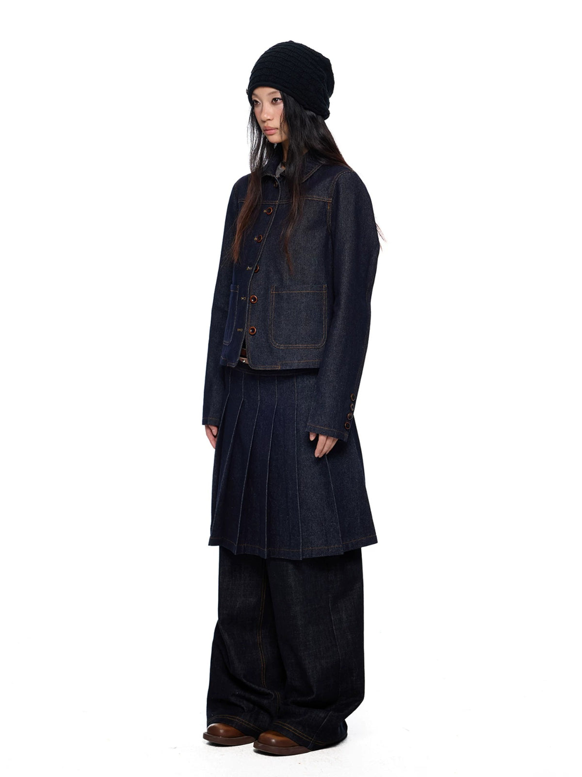 Vintage Denim Collar Pleated Skirt Set