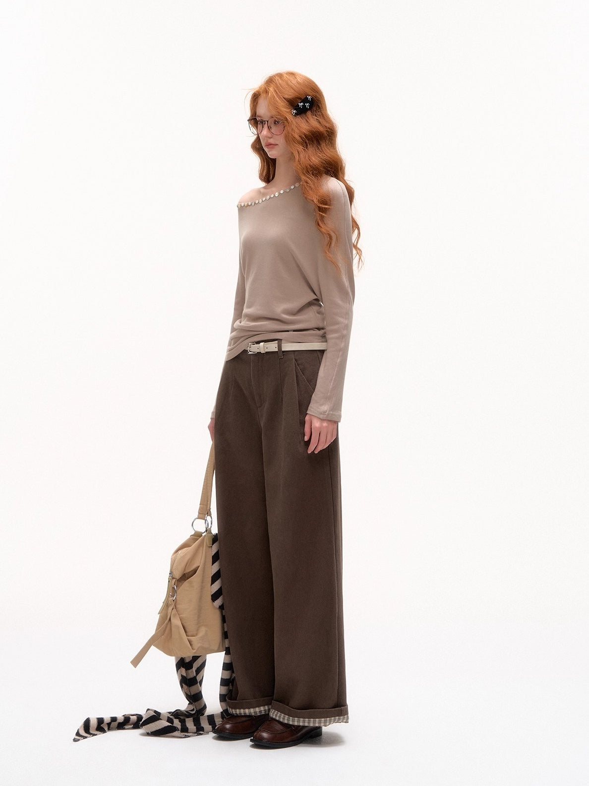 Off-Shoulder Pearl-Button Long-Sleeve T-Shirt