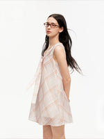 Pink Plaid Sleeveless Tie Neck Dress