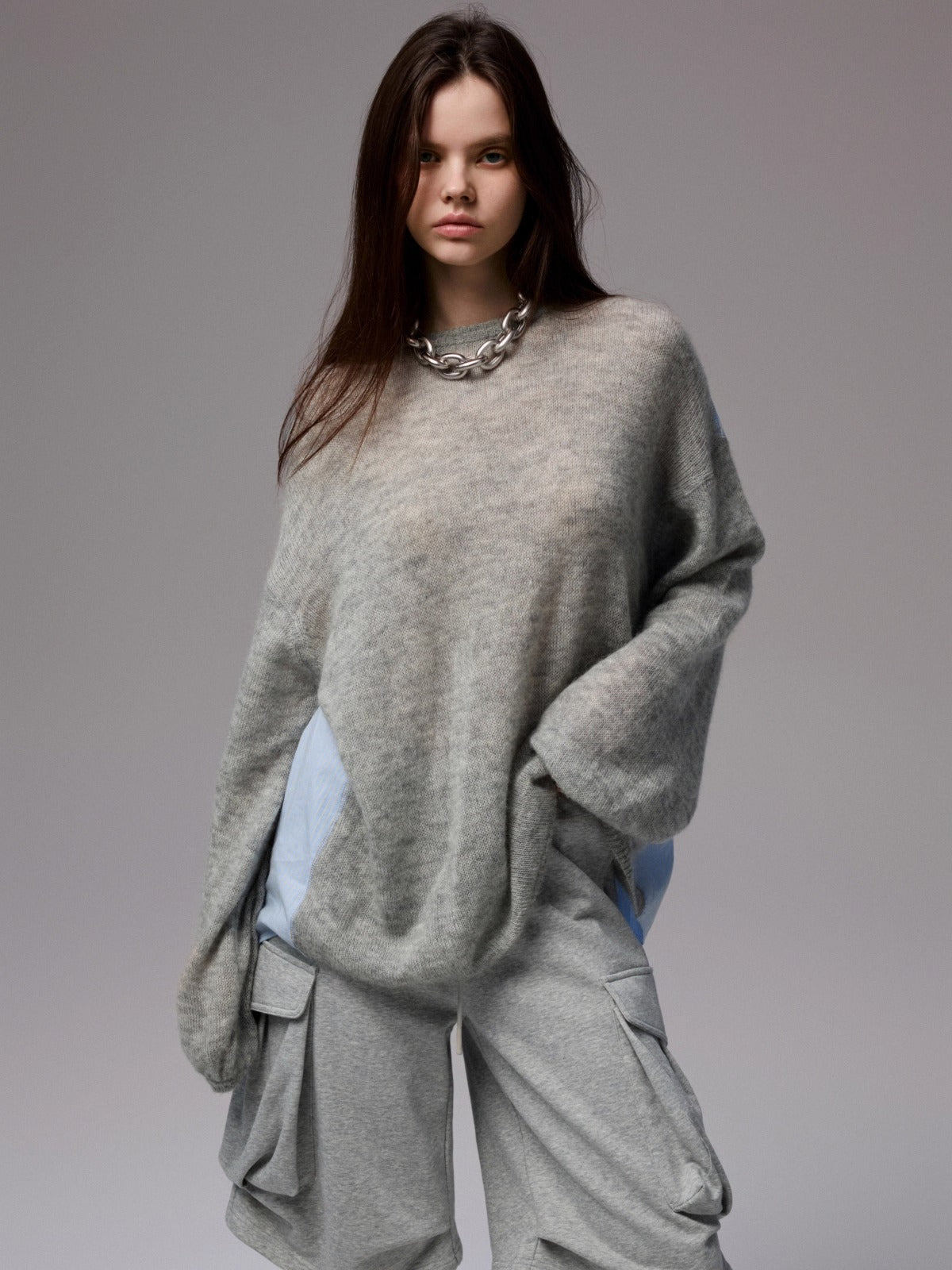 Oversized Mohair Shirt-Panel Knit Sweater
