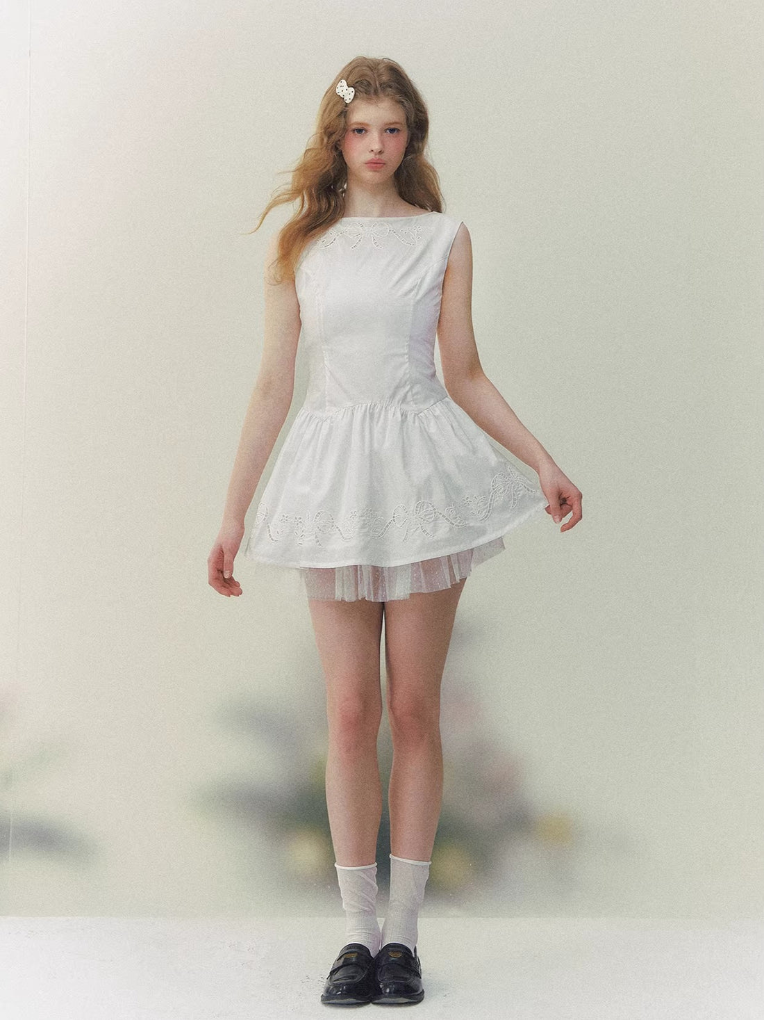 White Embroidered Bow Mini Dress